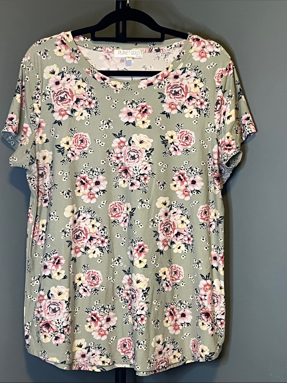 Planet Gold Sage Floral Short Sleeve Tee with Pink & Cream Roses